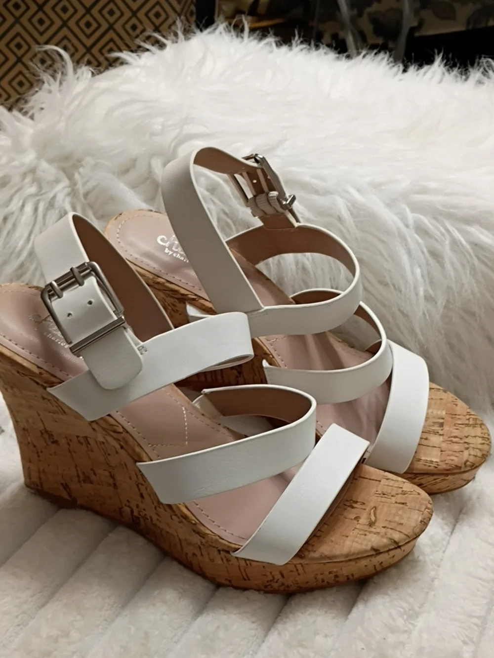 Charles By Charles Stanley Liber White Cork Wedge Sandals with Buckle Strap 7M